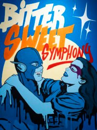 CEPT painting Bitter Sweet Symphony featuring two blue comic-book characters and bold orange, white and red lettering.